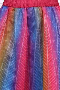 Magenta Bandhni Printed Sequins Tissue Straight Crop Top,  Flared Skirt and Dupatta Set