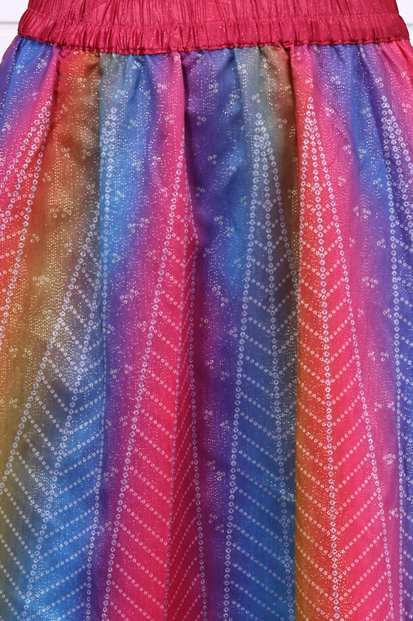 Magenta Bandhni Printed Sequins Tissue Straight Crop Top,  Flared Skirt and Dupatta Set