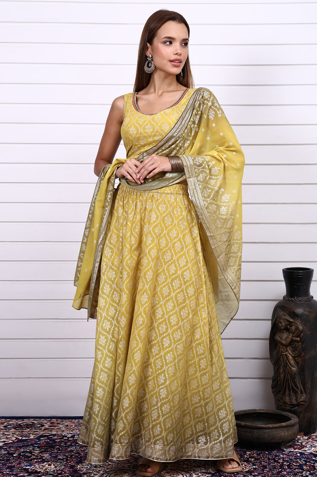 Lime Green Digital Printed Beads Straight Crop Top, Flared Skirt and Dupatta Set