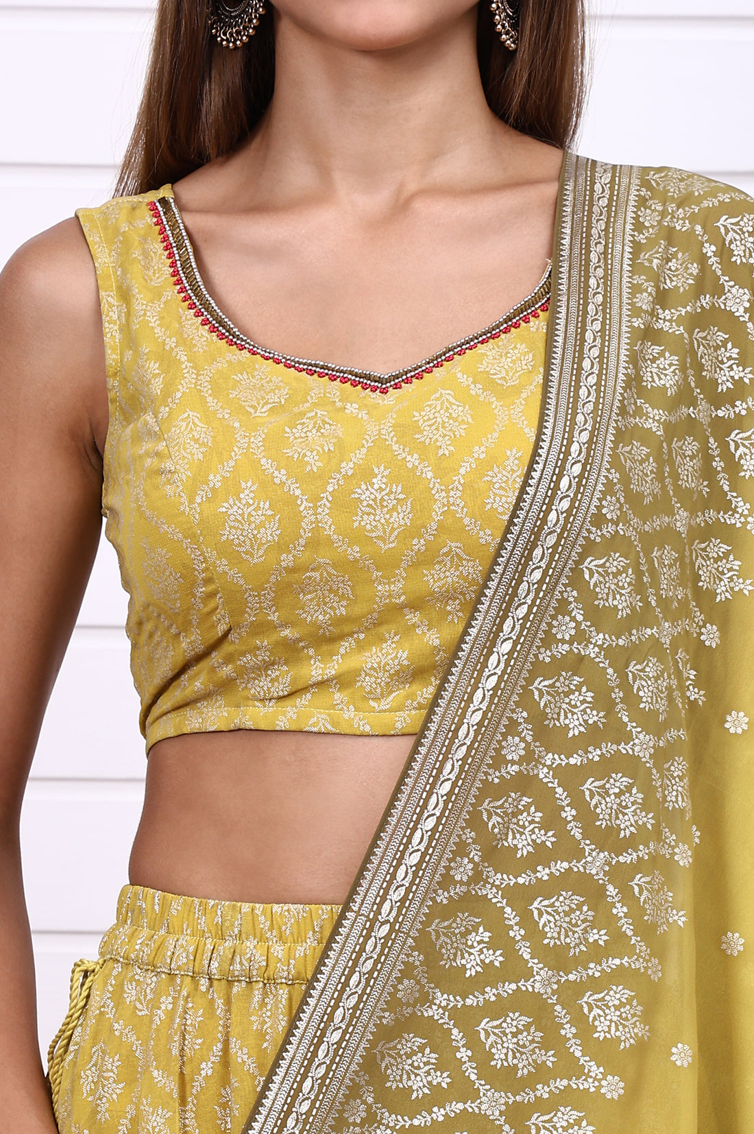 Lime Green Digital Printed Beads Straight Crop Top, Flared Skirt and Dupatta Set