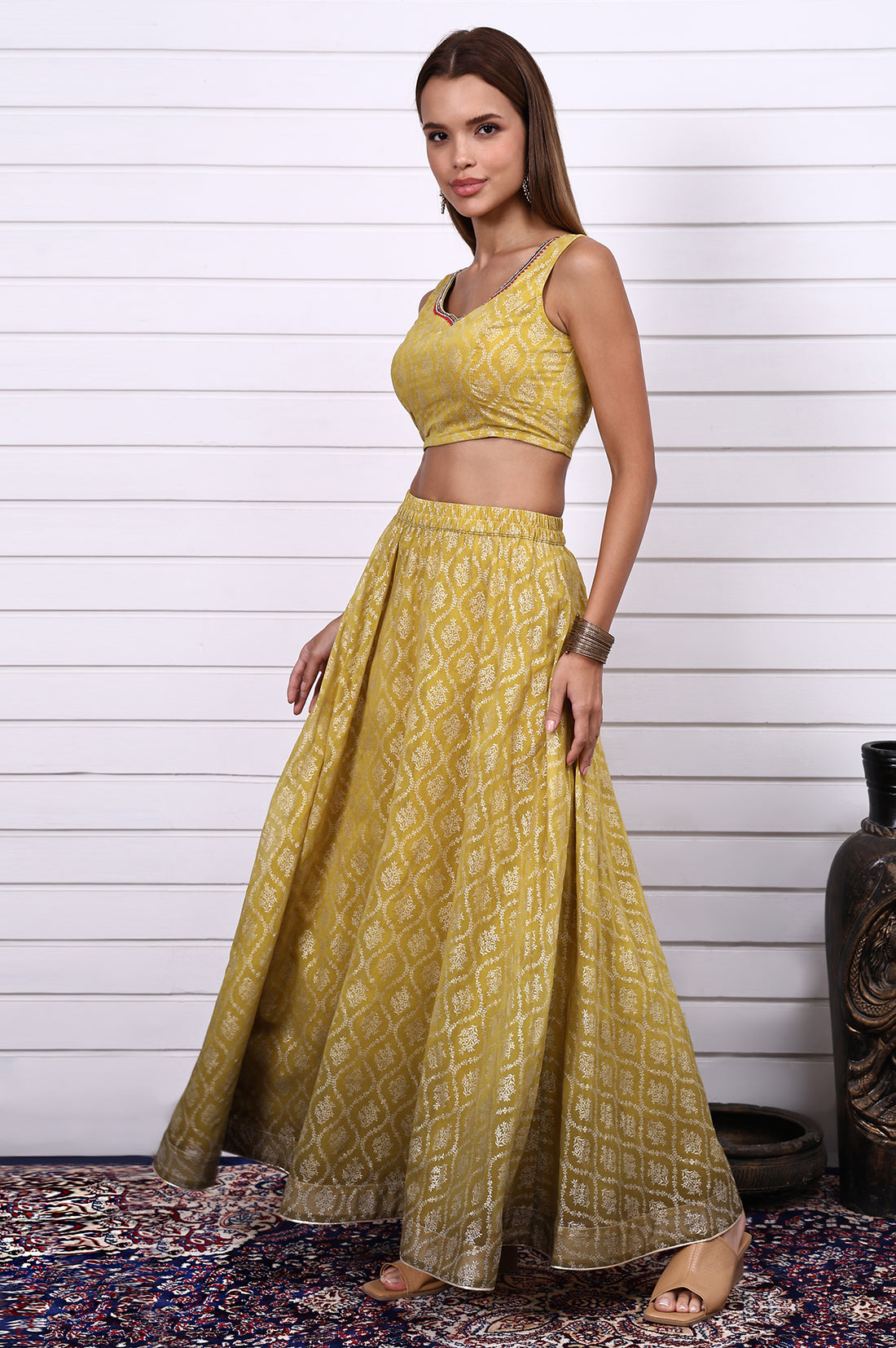 Lime Green Digital Printed Beads Straight Crop Top, Flared Skirt and Dupatta Set
