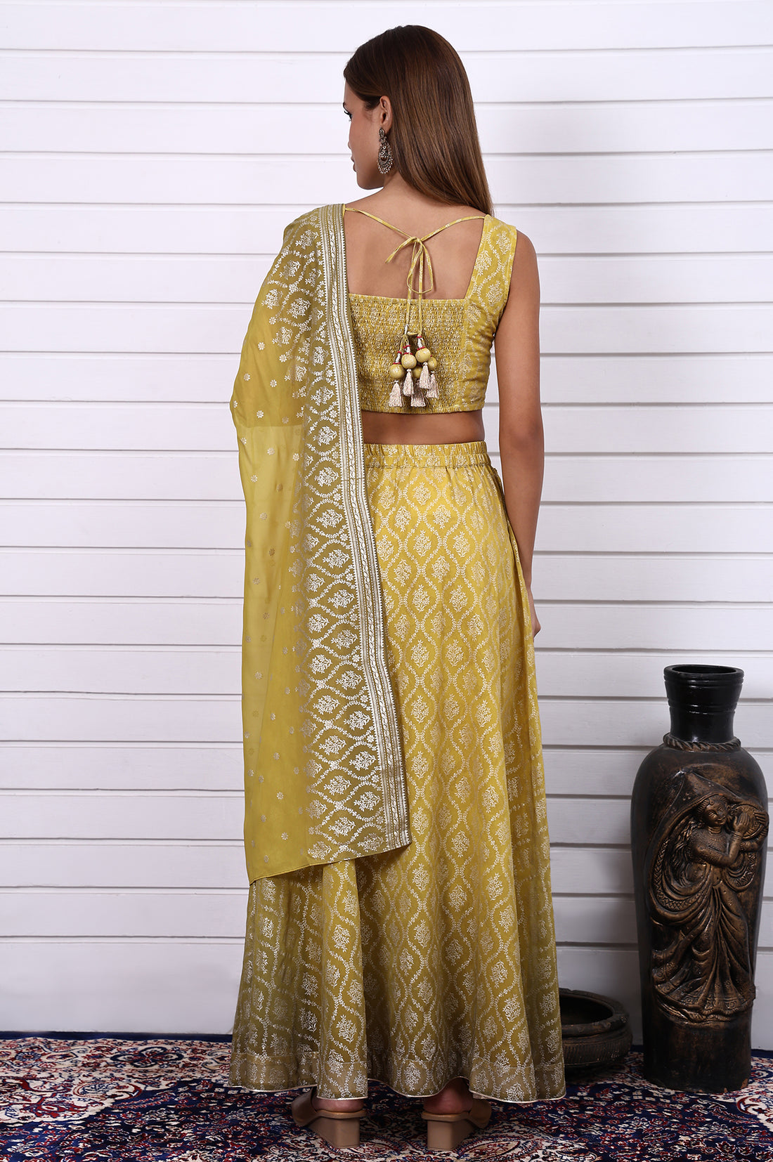 Lime Green Digital Printed Beads Straight Crop Top, Flared Skirt and Dupatta Set