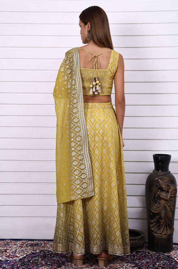 Lime Green Digital Printed Beads Straight Crop Top, Flared Skirt and Dupatta Set