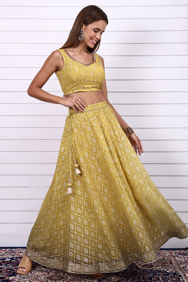 Lime Green Digital Printed Beads Straight Crop Top, Flared Skirt and Dupatta Set