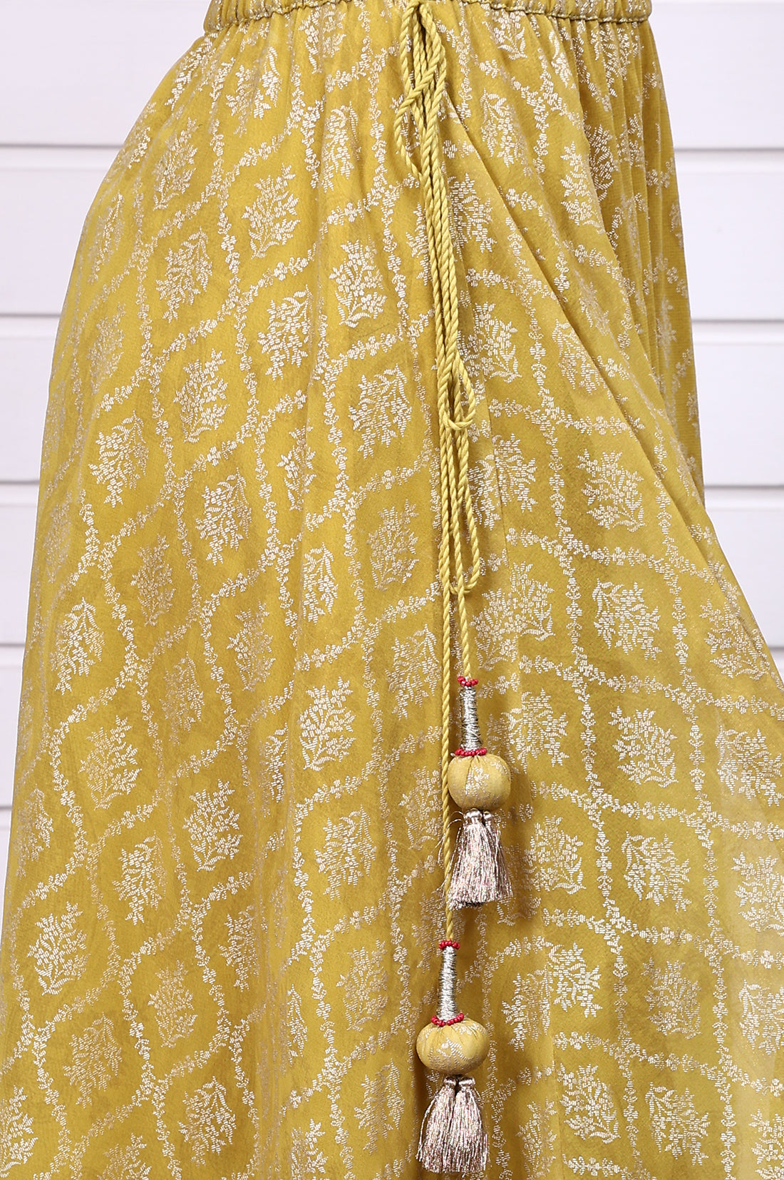 Lime Green Digital Printed Beads Straight Crop Top, Flared Skirt and Dupatta Set