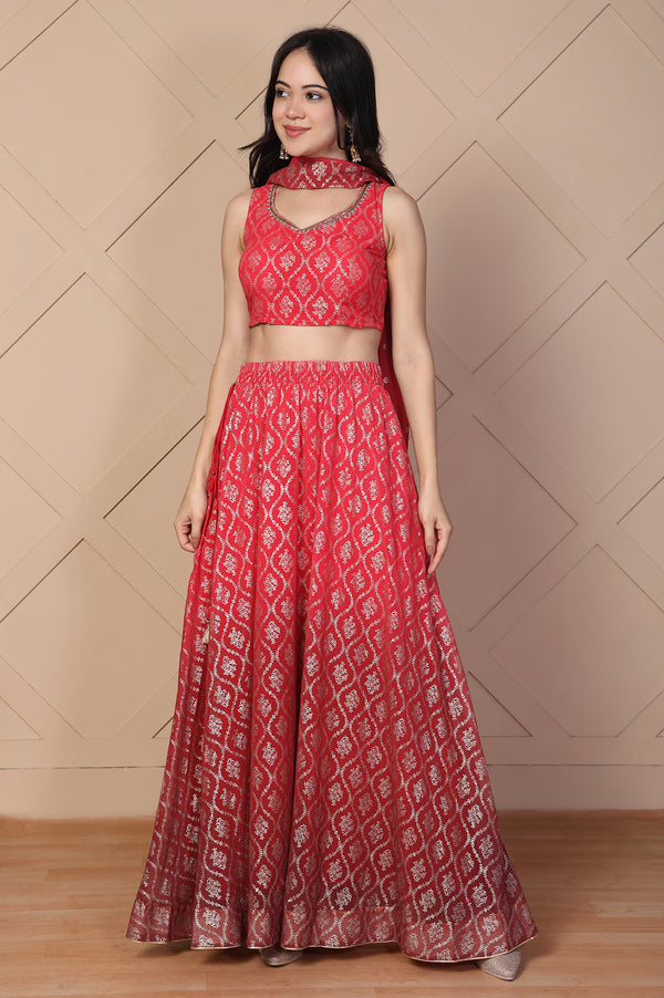 Red Foil Printed Beaded Crop Top with Flared Skirt and Stole Set