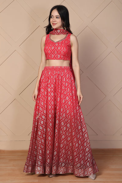 Red Foil Printed Beaded Flared Georgette Crop Top with Skirt and Stole Set