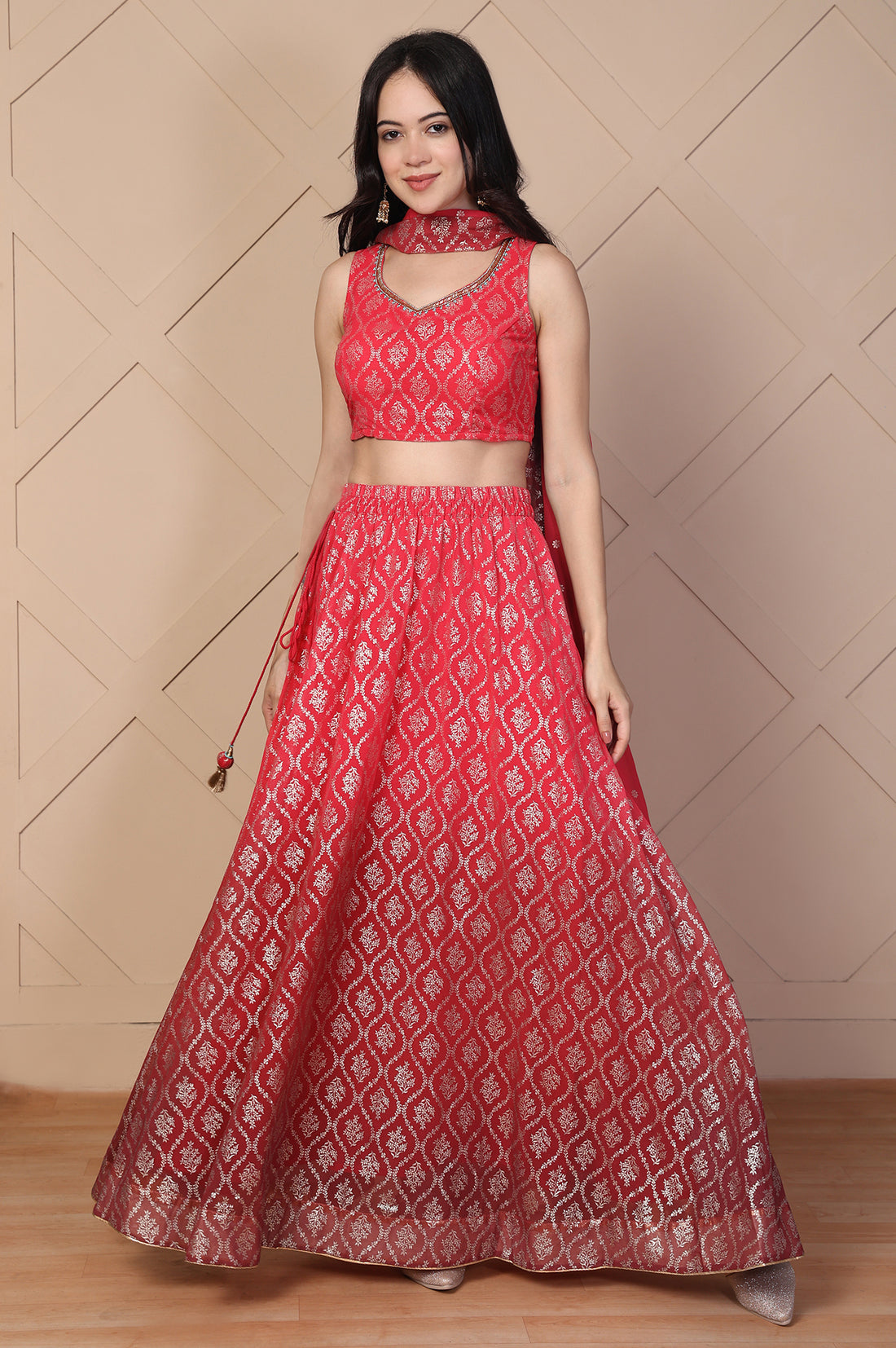 Red Foil Printed Beaded Crop Top with Flared Skirt and Stole Set