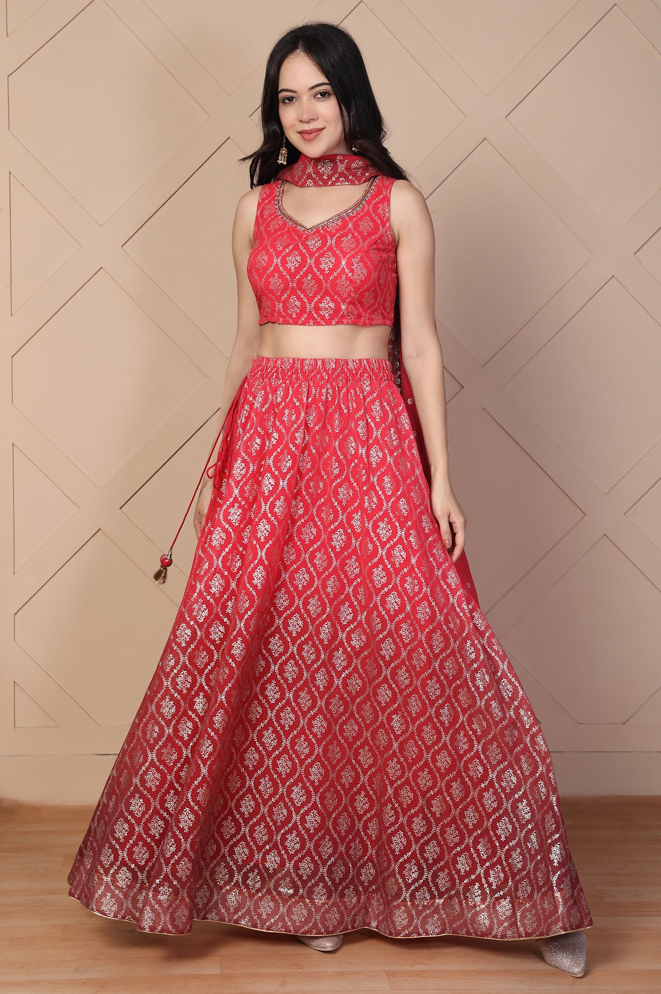 Red Foil Printed Beaded Flared Georgette Crop Top with Skirt and Stole Set