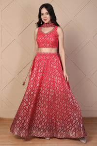 Red Foil Printed Beaded Flared Georgette Crop Top with Skirt and Stole Set