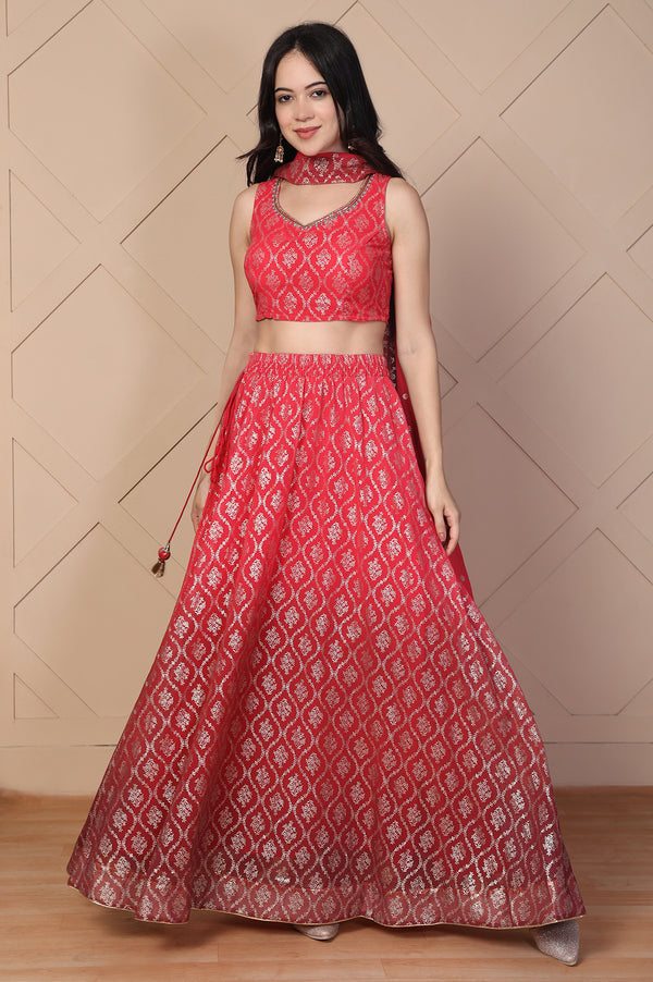 Red Foil Printed Beaded Crop Top with Flared Skirt and Stole Set