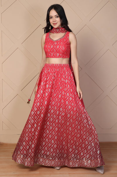 Red Foil Printed Beaded Flared Georgette Crop Top with Skirt and Stole Set