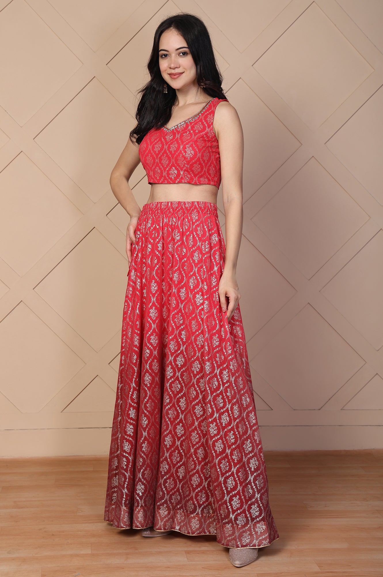 Red Foil Printed Beaded Flared Georgette Crop Top with Skirt and Stole Set