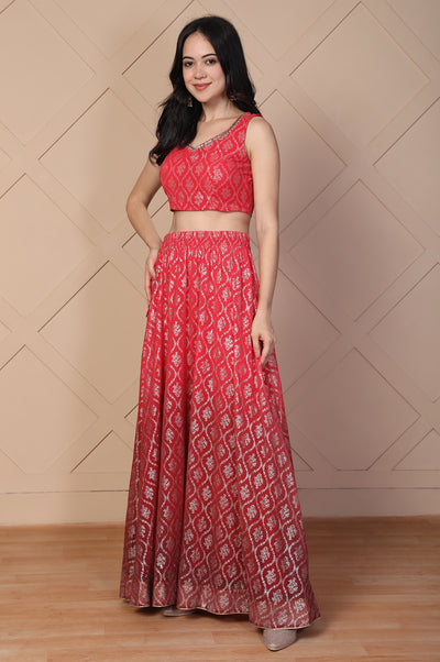 Red Foil Printed Beaded Flared Georgette Crop Top with Skirt and Stole Set