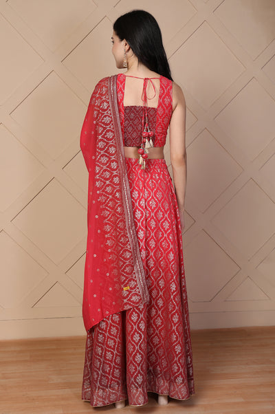 Red Foil Printed Beaded Flared Georgette Crop Top with Skirt and Stole Set