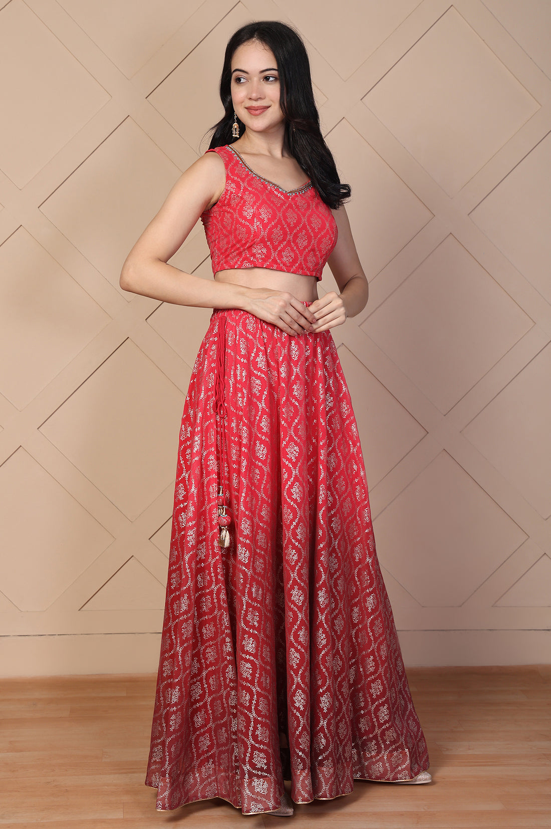 Red Foil Printed Beaded Crop Top with Flared Skirt and Stole Set