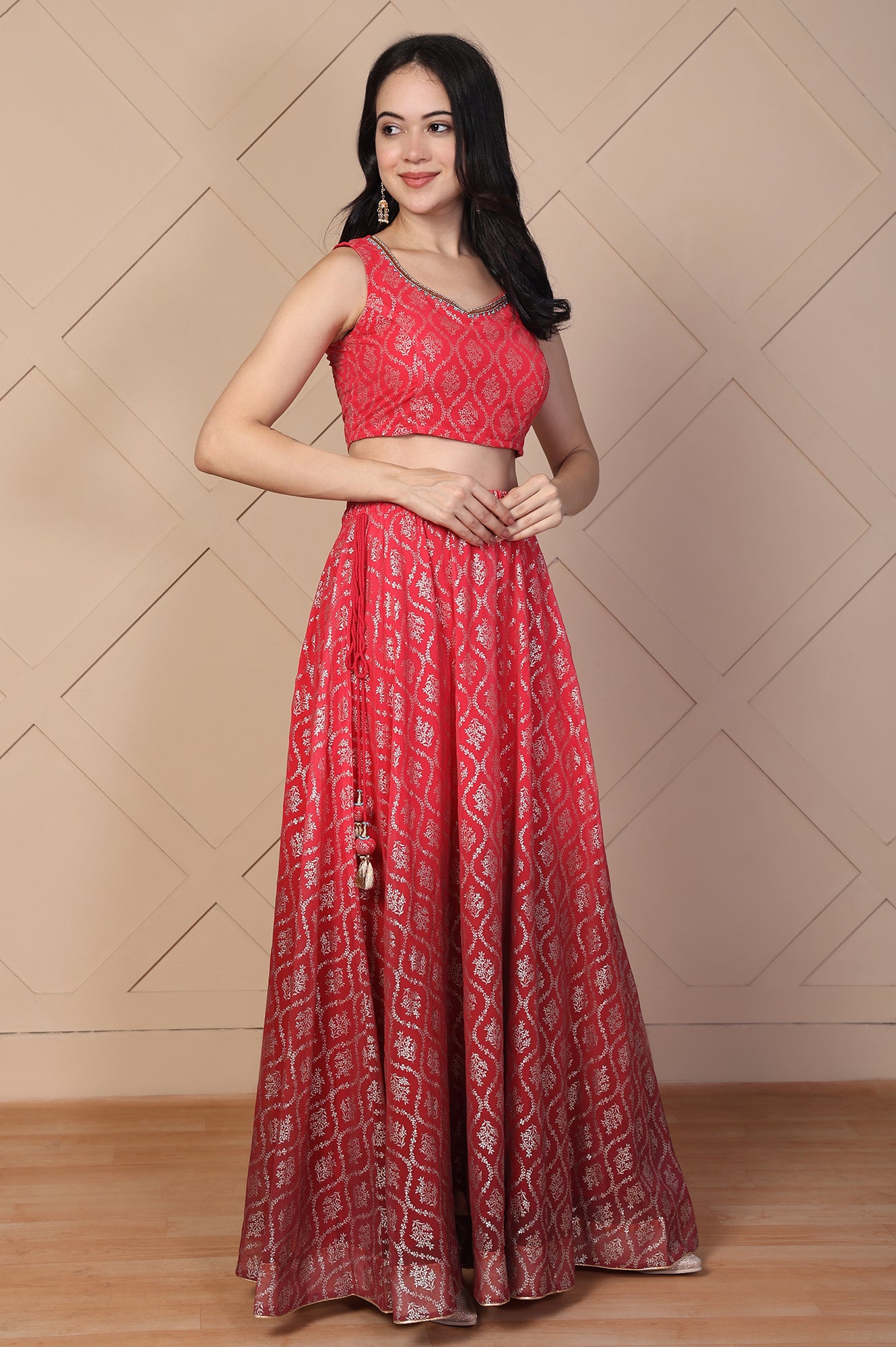 Red Foil Printed Beaded Flared Georgette Crop Top with Skirt and Stole Set