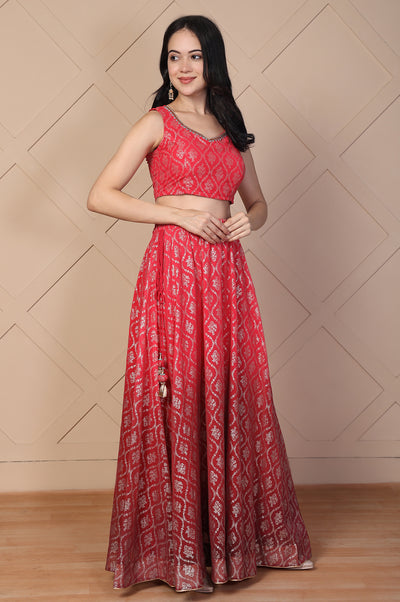 Red Foil Printed Beaded Flared Georgette Crop Top with Skirt and Stole Set