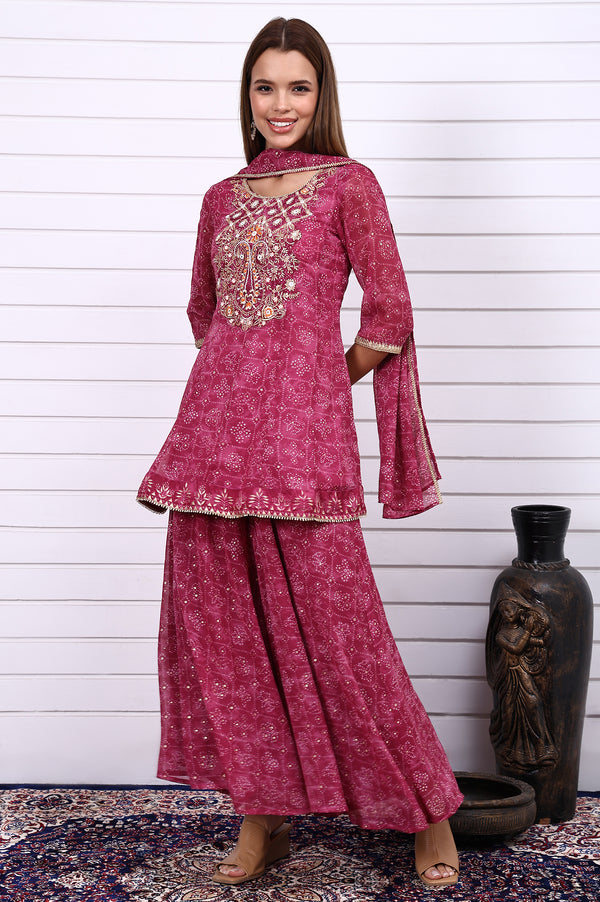Purple Bandhni Printed Zari Embroidered Georgette A-line Kurta, Sharara and Dupatta Set