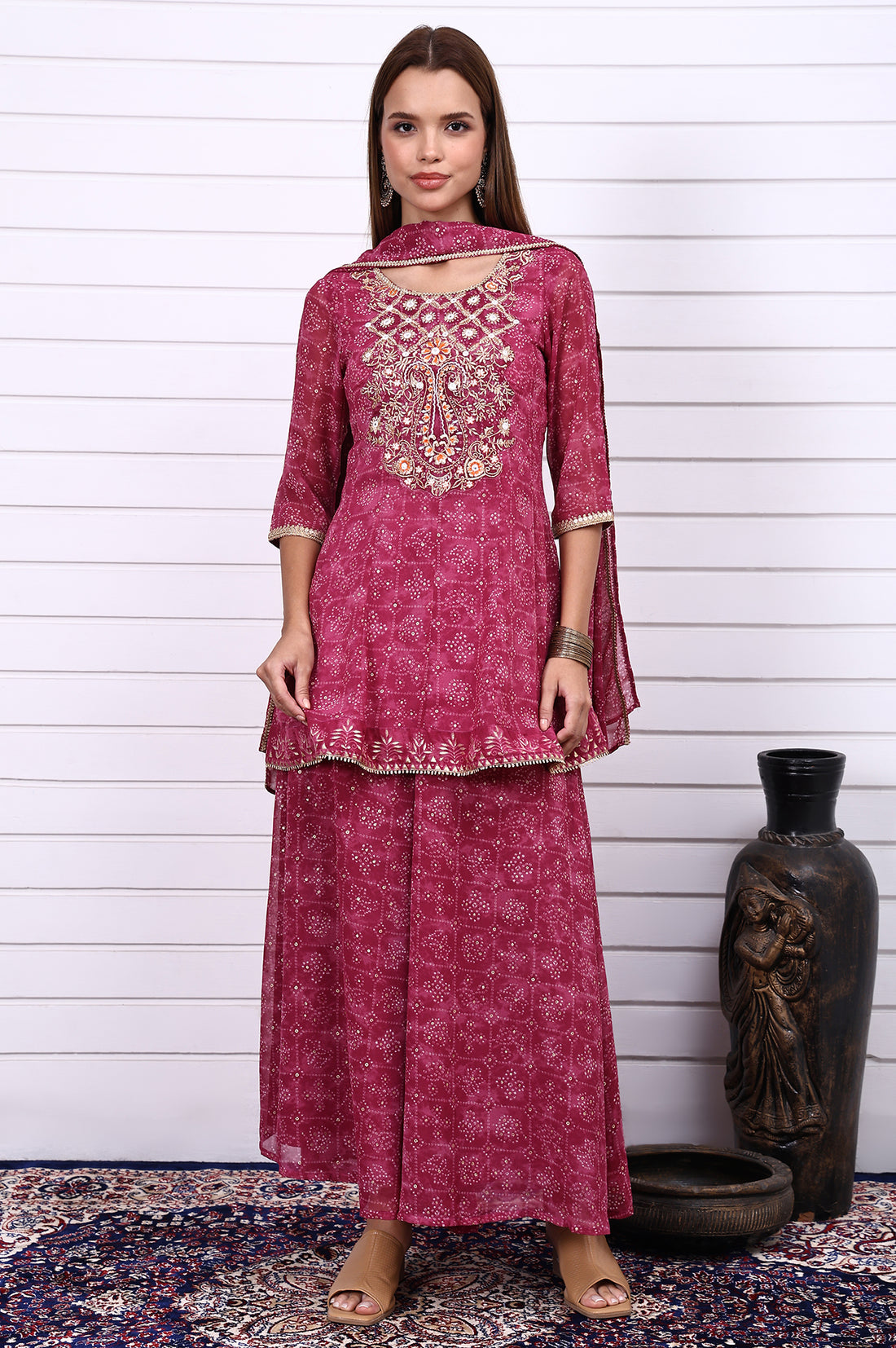 Purple Bandhni Printed Zari Embroidered Georgette A-line Kurta, Sharara and Dupatta Set