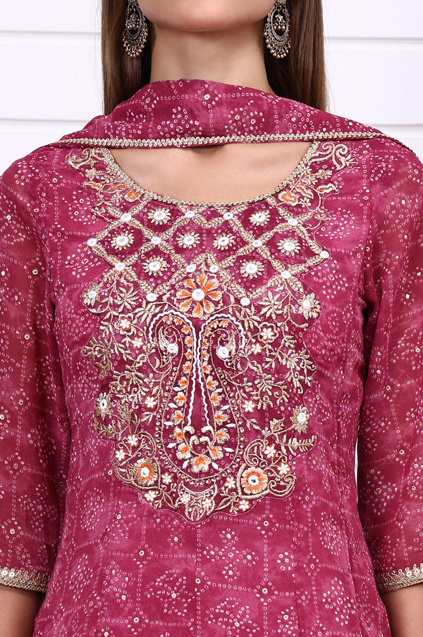 Purple Bandhni Printed Zari Embroidered Georgette A-line Kurta, Sharara and Dupatta Set