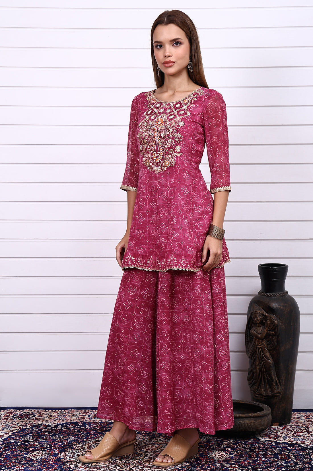 Purple Bandhni Printed Zari Embroidered Georgette A-line Kurta, Sharara and Dupatta Set