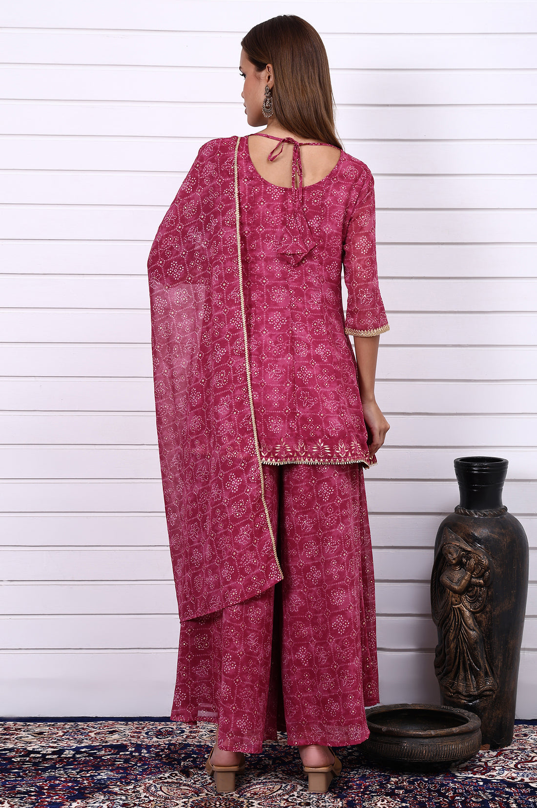 Purple Bandhni Printed Zari Embroidered Georgette A-line Kurta, Sharara and Dupatta Set