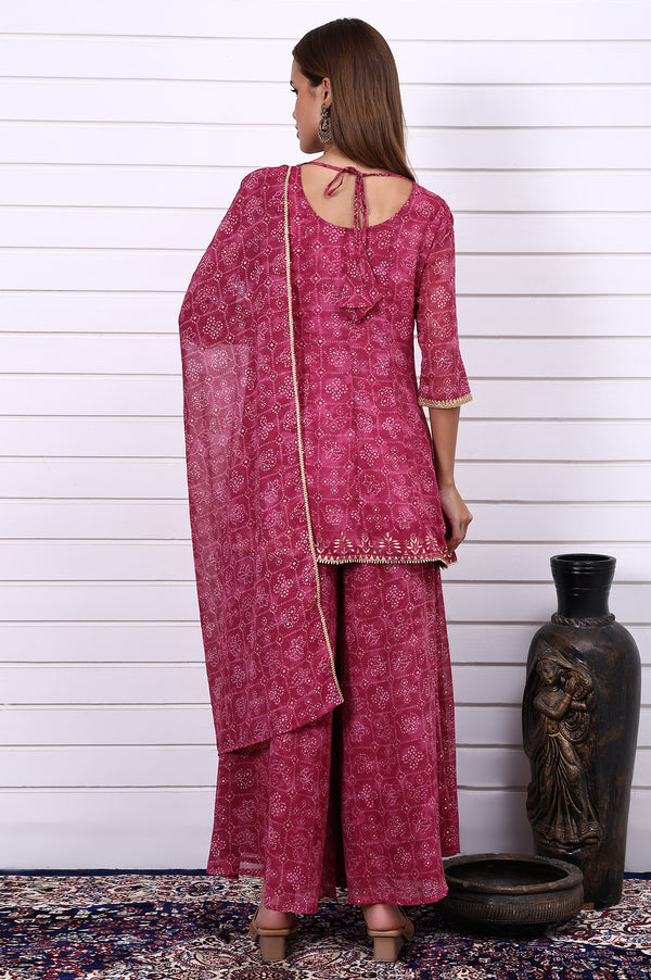 Purple Bandhni Printed Zari Embroidered Georgette A-line Kurta, Sharara and Dupatta Set