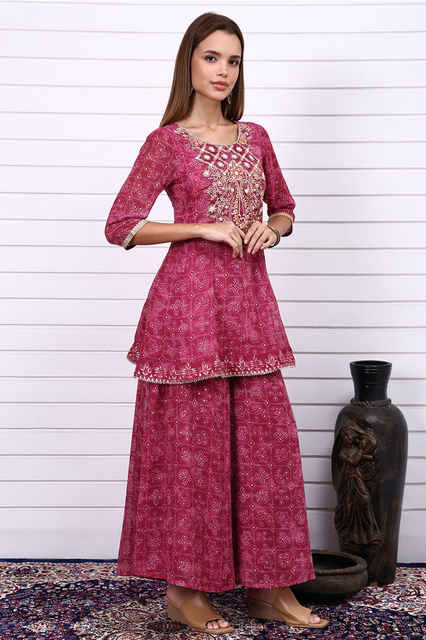 Purple Bandhni Printed Zari Embroidered Georgette A-line Kurta, Sharara and Dupatta Set