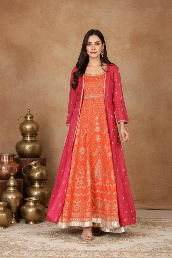 Orange Ethnic Motifs Printed Anarkali Kurta with Jacket Set