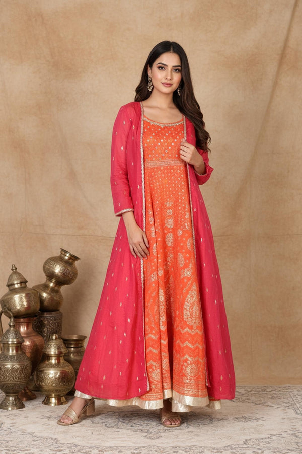 Orange Ethnic Motifs Printed Anarkali Kurta with Jacket Set