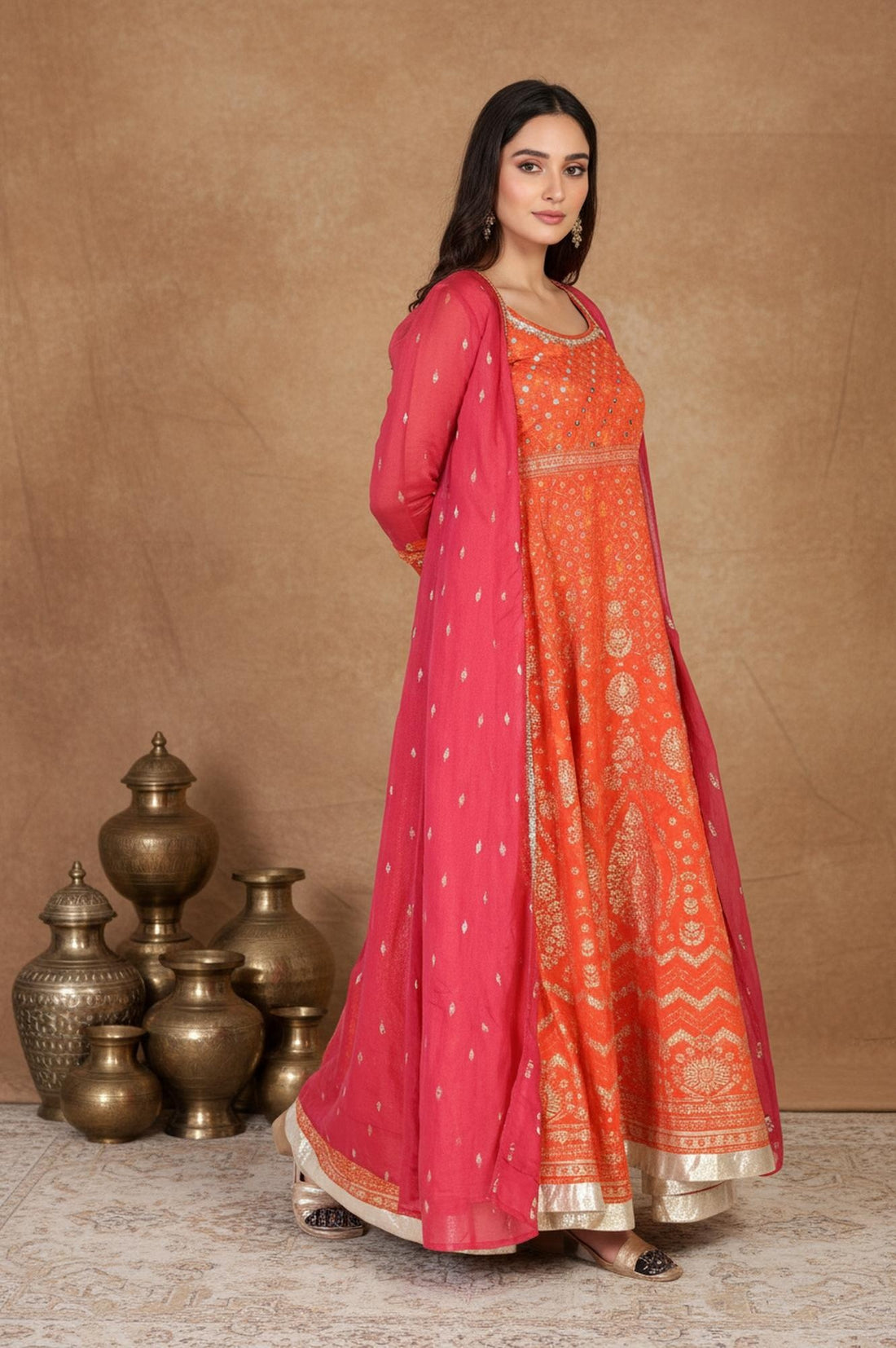 Orange Ethnic Motifs Printed Anarkali Kurta with Jacket Set