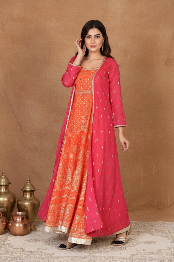 Orange Ethnic Motifs Printed Anarkali Kurta with Jacket Set