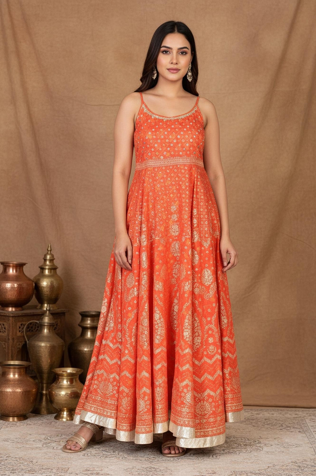 Orange Ethnic Motifs Printed Anarkali Kurta with Jacket Set