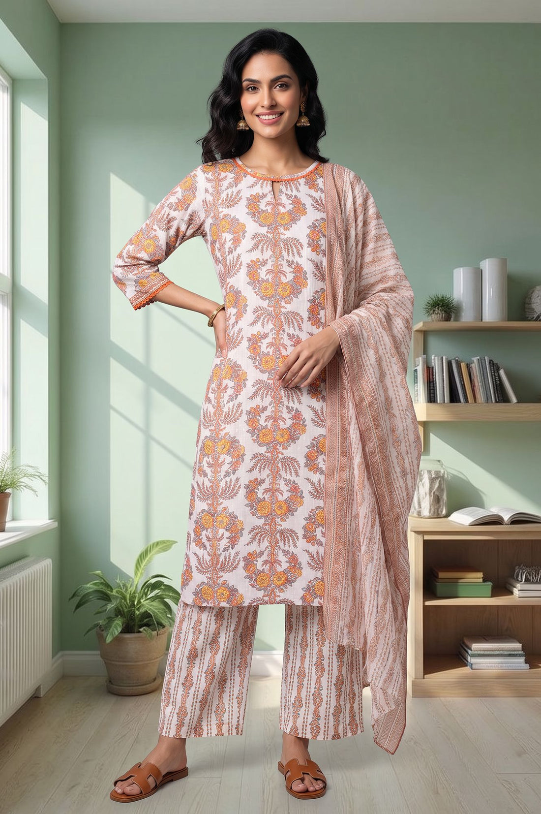 Off White Floral Printed Lace Cotton Lurex Straight Kurta with Trousers and Dupatta Set