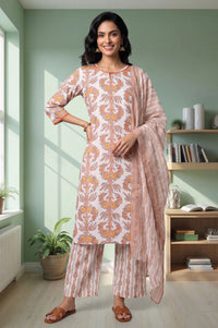 Off White Floral Printed Lace Cotton Lurex Straight Kurta with Trousers and Dupatta Set