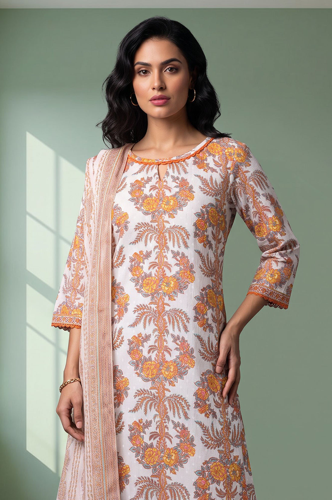 Off White Floral Printed Lace Cotton Lurex Straight Kurta with Trousers and Dupatta Set