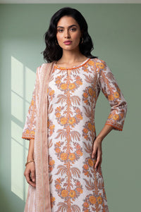 Off White Floral Printed Lace Cotton Lurex Straight Kurta with Trousers and Dupatta Set