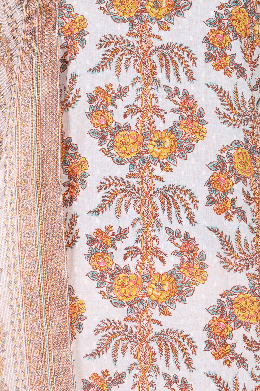Off White Floral Printed Lace Cotton Lurex Straight Kurta with Trousers and Dupatta Set