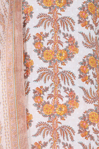 Off White Floral Printed Lace Cotton Lurex Straight Kurta with Trousers and Dupatta Set