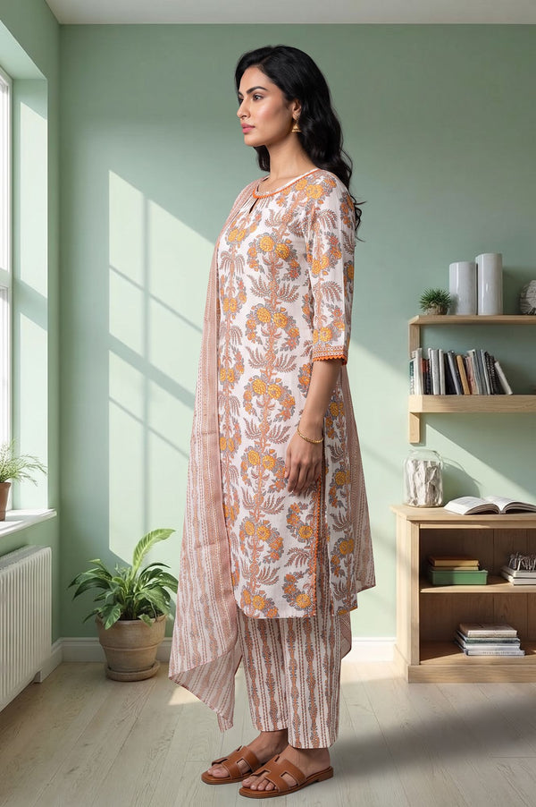 Off White Floral Printed Lace Cotton Lurex Straight Kurta with Trousers and Dupatta Set