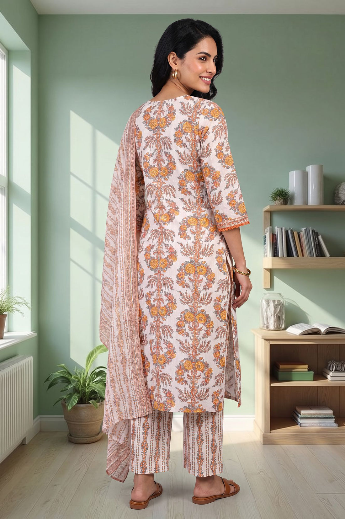 Off White Floral Printed Lace Cotton Lurex Straight Kurta with Trousers and Dupatta Set