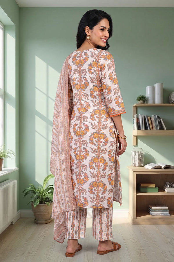 Off White Floral Printed Lace Cotton Lurex Straight Kurta with Trousers and Dupatta Set