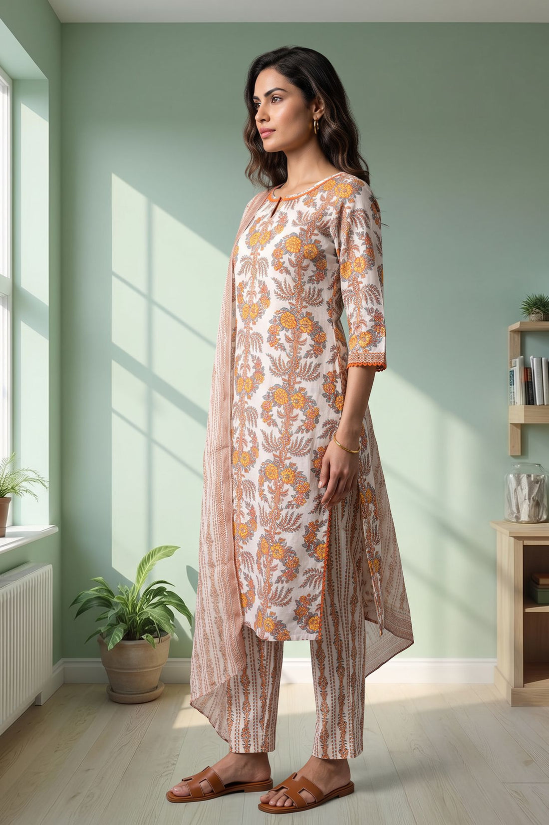 Off White Floral Printed Lace Cotton Lurex Straight Kurta with Trousers and Dupatta Set
