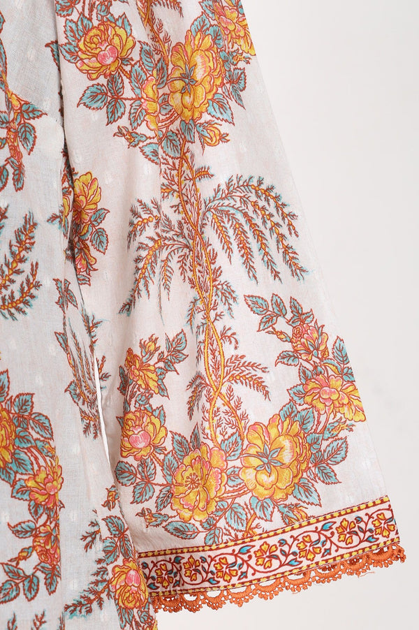 Off White Floral Printed Lace Cotton Lurex Straight Kurta with Trousers and Dupatta Set