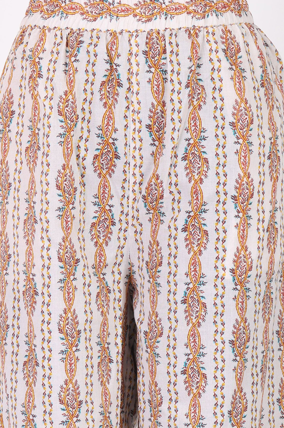 Off White Floral Printed Lace Cotton Lurex Straight Kurta with Trousers and Dupatta Set