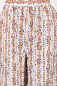 Off White Floral Printed Lace Cotton Lurex Straight Kurta with Trousers and Dupatta Set