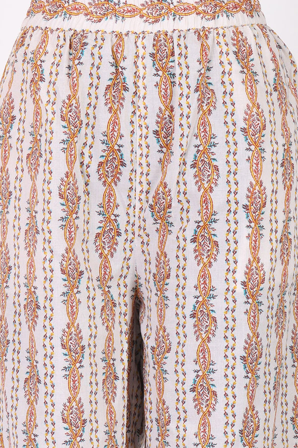 Off White Floral Printed Lace Cotton Lurex Straight Kurta with Trousers and Dupatta Set