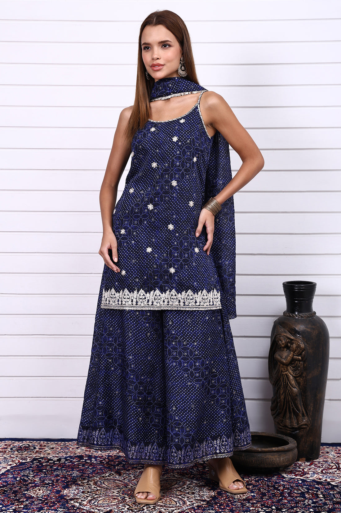 Blue Bandhni Printed Embroidered Georgette Straight Spaghetti Kurta, Sharara and Dupatta Set
