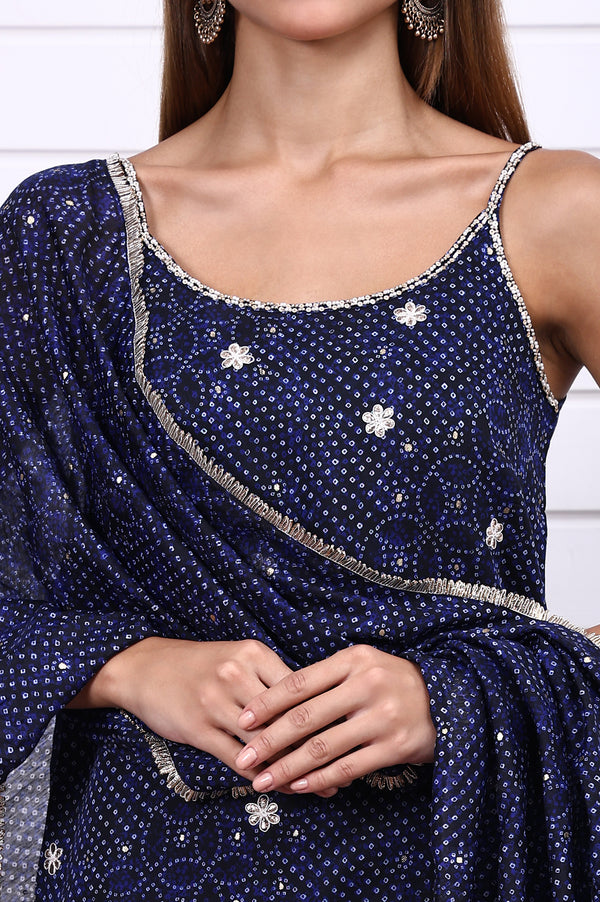 Blue Bandhni Printed Embroidered Georgette Straight Spaghetti Kurta, Sharara and Dupatta Set